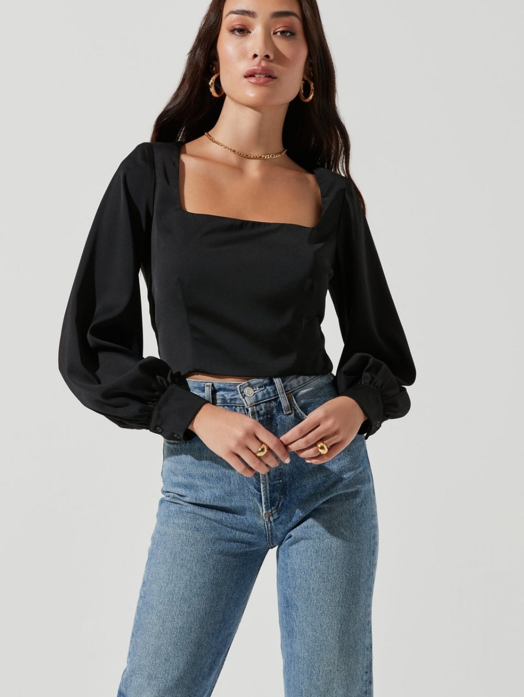 Astr Black Square Neck Puff Sleeve Crop Top